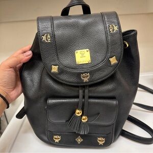 MCM Grained Calfskin Studded Backpack in Black